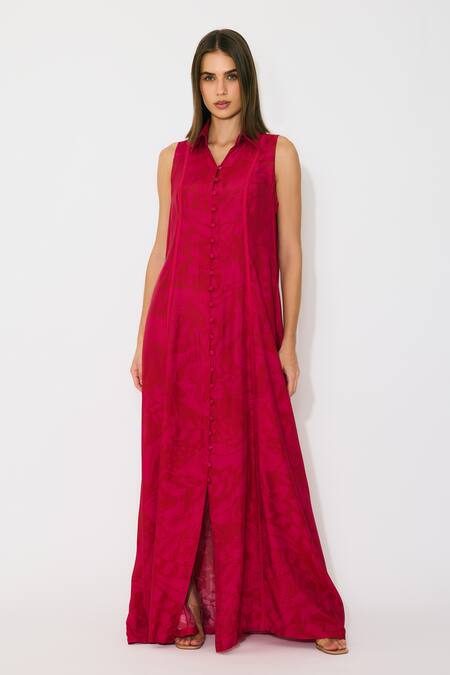 Buy_Koai_Pink Muslin, Cotton, Silk Collared Sleeveless Shirt Dress _Online_at_Aza_Fashions