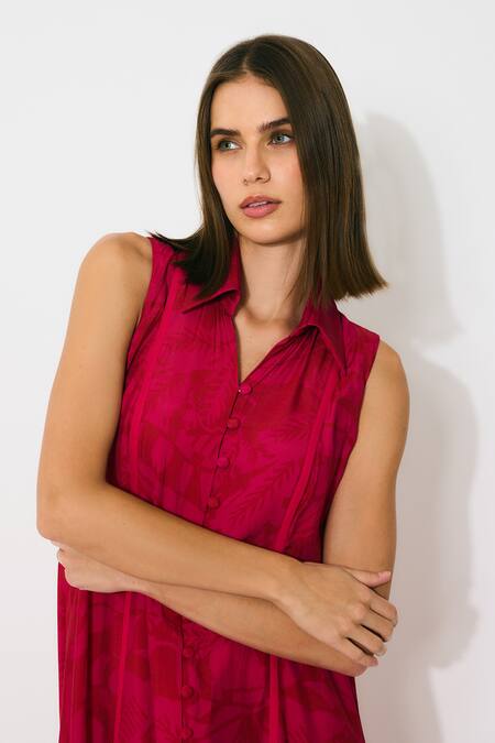 Koai_Pink Muslin, Cotton, Silk Collared Sleeveless Shirt Dress _at_Aza_Fashions