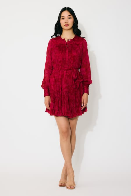 Koai_Pink Chiffon Round Neck Hot Red Short Dress _Online_at_Aza_Fashions
