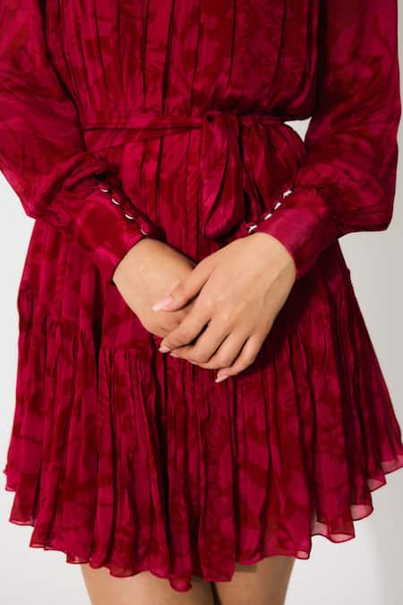 Buy_Koai_Pink Chiffon Round Neck Hot Red Short Dress _Online_at_Aza_Fashions