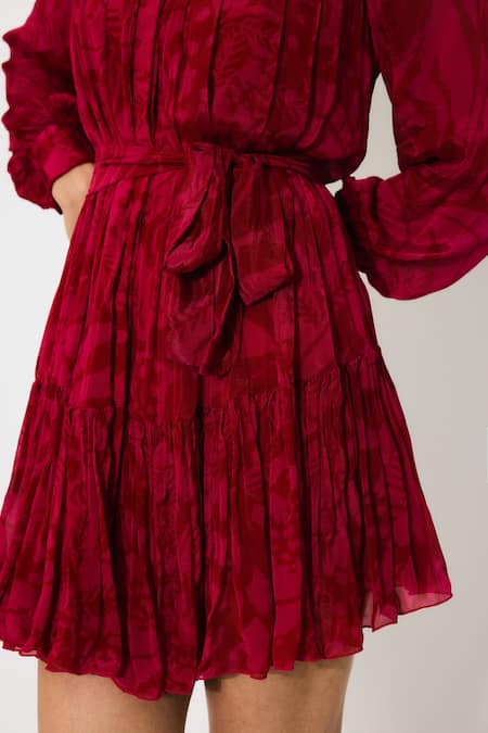 Koai_Pink Chiffon Round Neck Hot Red Short Dress _at_Aza_Fashions