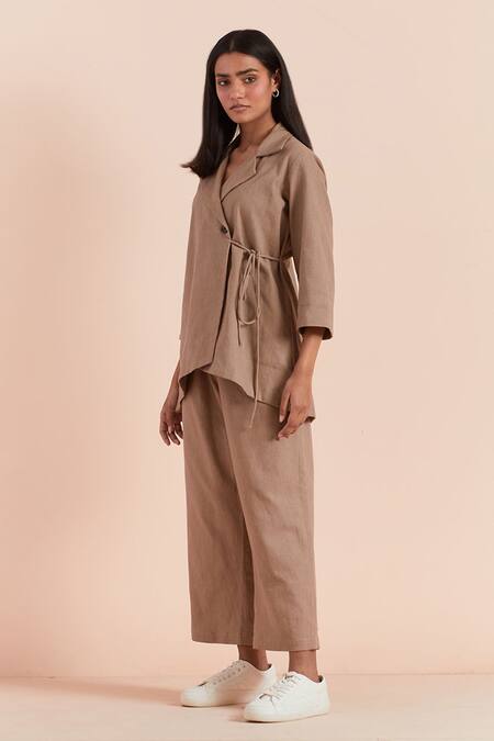 Priya Chaudhary_Beige Twill, Cotton Collared Top And Pant Set_Online_at_Aza_Fashions