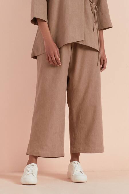 Buy_Priya Chaudhary_Beige Twill, Cotton Collared Top And Pant Set_Online_at_Aza_Fashions