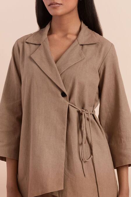 Shop_Priya Chaudhary_Beige Twill, Cotton Collared Top And Pant Set_Online_at_Aza_Fashions