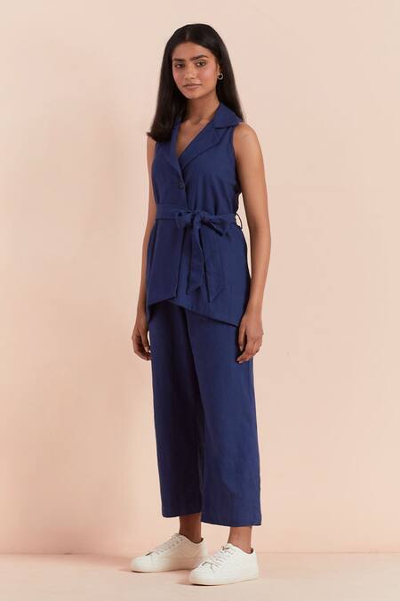 Priya Chaudhary_Blue Twill, Cotton Collared Dark Top And Pant Set_Online_at_Aza_Fashions