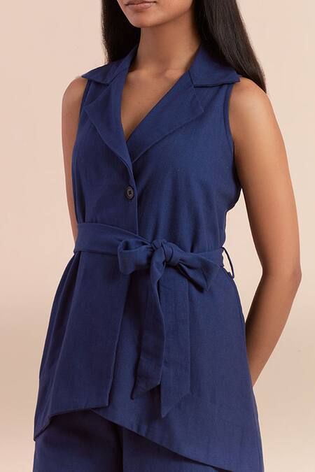 Shop_Priya Chaudhary_Blue Twill, Cotton Collared Dark Top And Pant Set_Online_at_Aza_Fashions