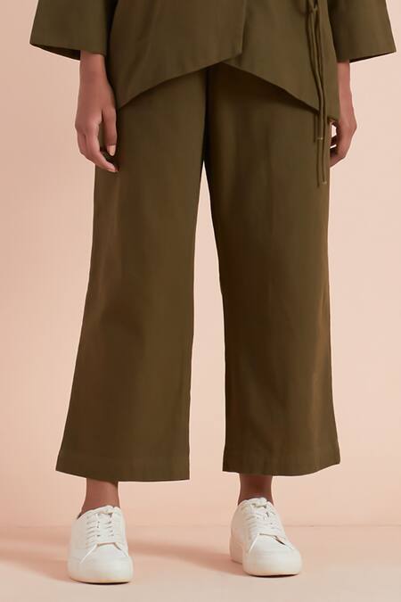 Priya Chaudhary_Green Twill Shawl Neck Olive Cotton Top And Pant Set_Online_at_Aza_Fashions