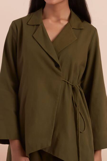 Buy_Priya Chaudhary_Green Twill Shawl Neck Olive Cotton Top And Pant Set_Online_at_Aza_Fashions