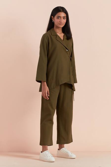 Shop_Priya Chaudhary_Green Twill Shawl Neck Olive Cotton Top And Pant Set_Online_at_Aza_Fashions
