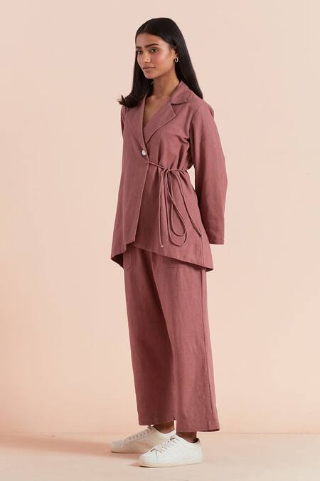Priya Chaudhary_Pink Twill, Cotton Collared Onion Top And Pant Set_Online_at_Aza_Fashions