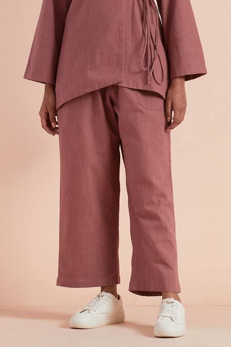 Buy_Priya Chaudhary_Pink Twill, Cotton Collared Onion Top And Pant Set_Online_at_Aza_Fashions