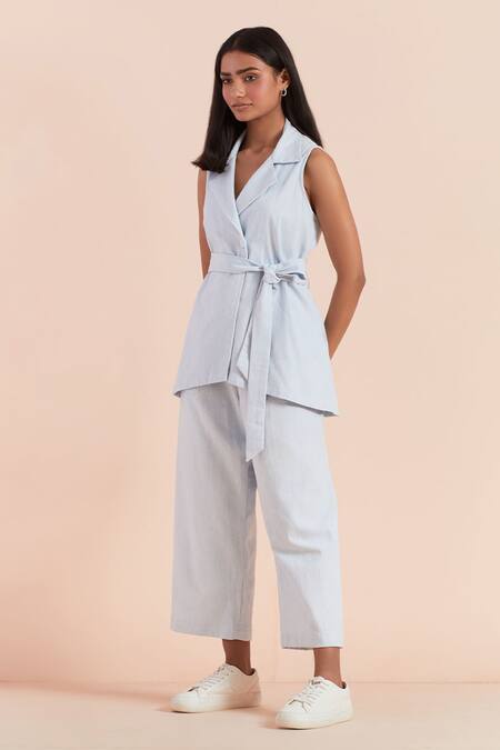 Priya Chaudhary_Blue Twill, Cotton Collared Light Top And Pant Set_Online_at_Aza_Fashions