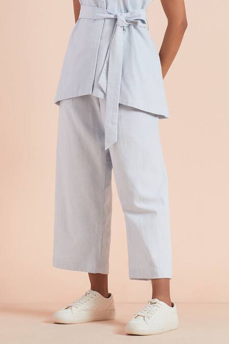 Buy_Priya Chaudhary_Blue Twill, Cotton Collared Light Top And Pant Set_Online_at_Aza_Fashions