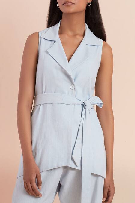 Shop_Priya Chaudhary_Blue Twill, Cotton Collared Light Top And Pant Set_Online_at_Aza_Fashions