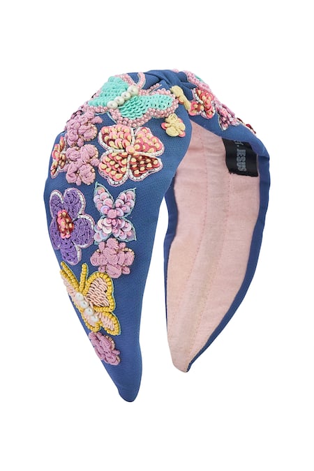 Shop_Nazaakat By Samara Singh_Blue Embroidery Butterfly Hair Band _Online_at_Aza_Fashions