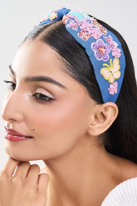 Nazaakat By Samara Singh_Blue Embroidery Butterfly Hair Band _at_Aza_Fashions