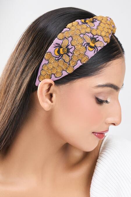 Shop_Nazaakat By Samara Singh_Purple Embroidery Hand Honey Hairband _Online_at_Aza_Fashions