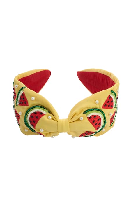 Shop_Samyukta Singhania_Yellow Beads Watermelon Embroidered Hairband _at_Aza_Fashions