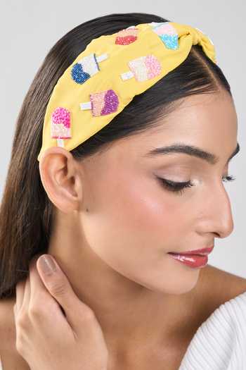 Shop_Nazaakat By Samara Singh_Yellow Embroidery Ice Cream Hand Hairband _Online_at_Aza_Fashions