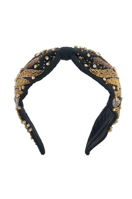 Buy_Nazaakat By Samara Singh_Black Pearls, Zari Antique Gold Embroidered Hairband _Online_at_Aza_Fashions