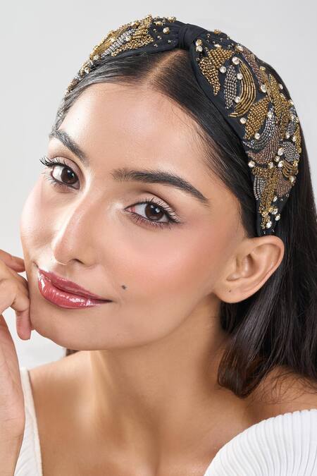 Shop_Nazaakat By Samara Singh_Black Pearls, Zari Antique Gold Embroidered Hairband _Online_at_Aza_Fashions