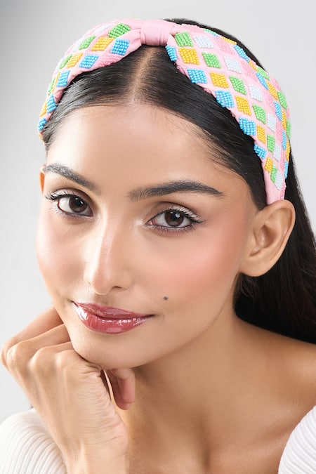 Nazaakat By Samara Singh_Pink Beads Colorful Hand Embroidered Hairband _Online_at_Aza_Fashions