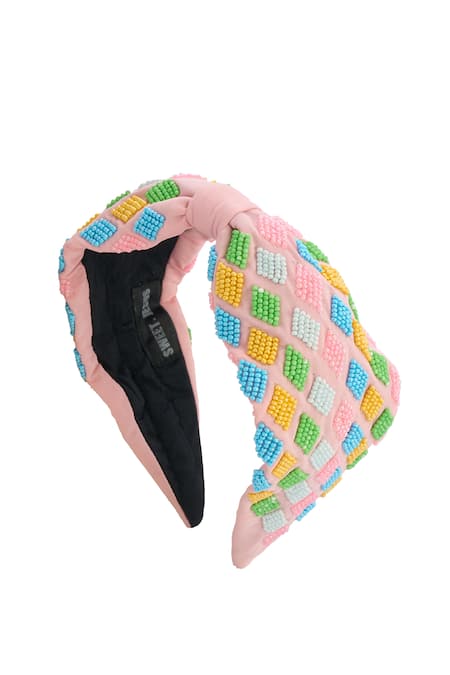 Shop_Nazaakat By Samara Singh_Pink Beads Colorful Hand Embroidered Hairband _Online_at_Aza_Fashions
