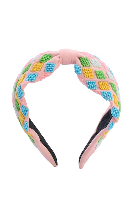 Nazaakat By Samara Singh_Pink Beads Colorful Hand Embroidered Hairband _at_Aza_Fashions