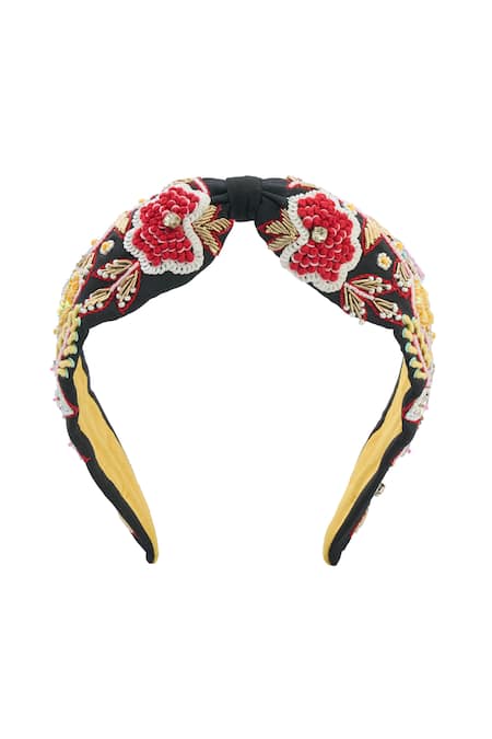 Nazaakat By Samara Singh_Black Embroidery Hand Floral Hairband _Online_at_Aza_Fashions