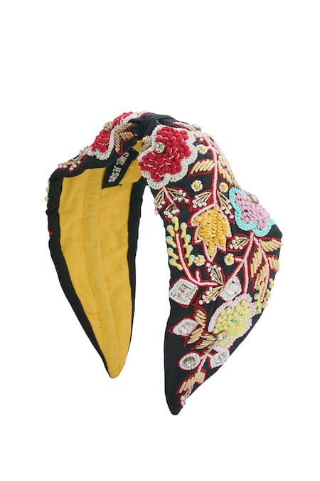 Shop_Nazaakat By Samara Singh_Black Embroidery Hand Floral Hairband _Online_at_Aza_Fashions