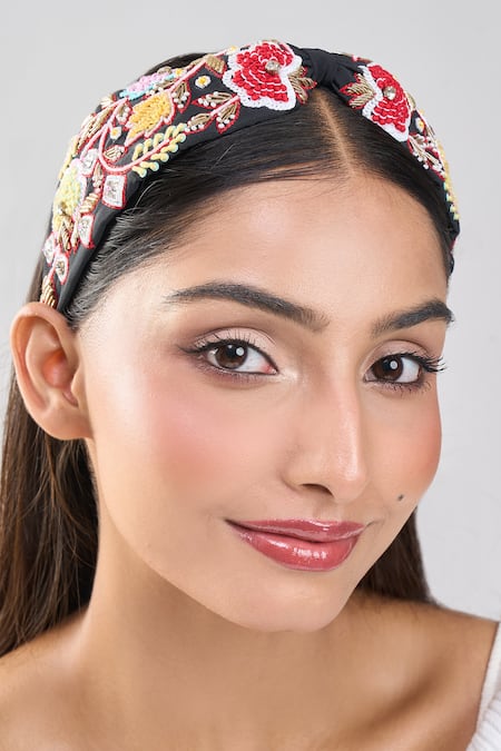 Nazaakat By Samara Singh_Black Embroidery Hand Floral Hairband _at_Aza_Fashions