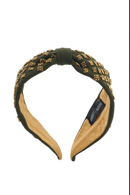 Nazaakat By Samara Singh_Olive Green Beads Barfi Hairband _Online_at_Aza_Fashions