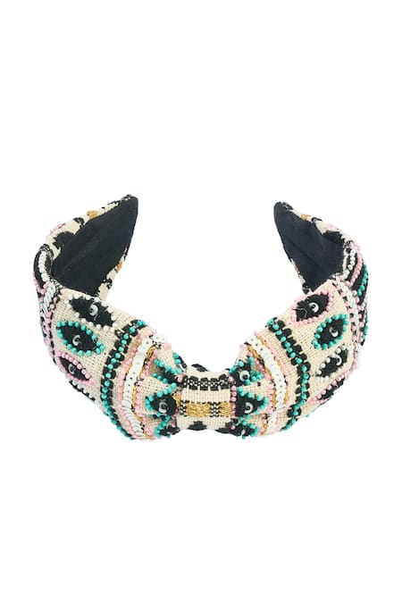 Shop Nazaakat By Samara Singh Black Beads, Embroidery Hand Eye Design Hairband at Aza Fashions Shop_Nazaakat By Samara Singh_Black Beads, Embroidery Hand Eye Design Hairband _at_Aza_Fashions