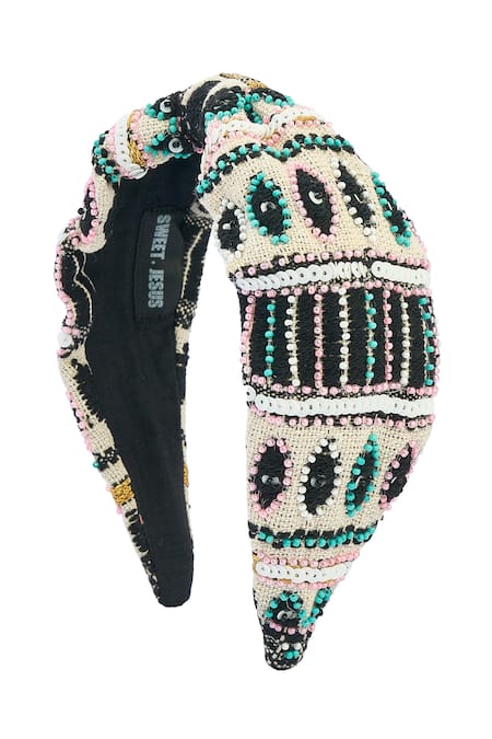 Shop Nazaakat By Samara Singh Black Beads, Embroidery Hand Eye Design Hairband Online at Aza Fashions Shop_Nazaakat By Samara Singh_Black Beads, Embroidery Hand Eye Design Hairband _Online_at_Aza_Fashions