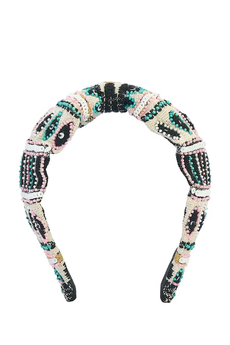 Nazaakat By Samara Singh Black Beads, Embroidery Hand Eye Design Hairband at Aza Fashions Nazaakat By Samara Singh_Black Beads, Embroidery Hand Eye Design Hairband _at_Aza_Fashions