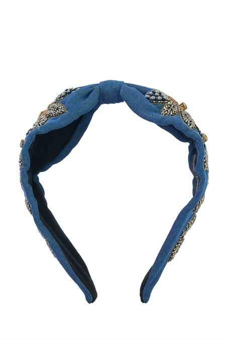 Buy_Nazaakat By Samara Singh_Blue Beads, Sequins Denim Flower Design Hand Embroidered Hairband _Online_at_Aza_Fashions