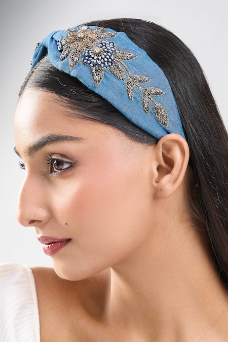 Shop_Nazaakat By Samara Singh_Blue Beads, Sequins Denim Flower Design Hand Embroidered Hairband _Online_at_Aza_Fashions