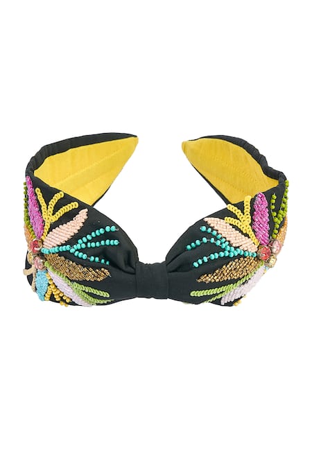 Shop_Samyukta Singhania_Black Beads, Embroidery Colorful Hand Hairband _at_Aza_Fashions