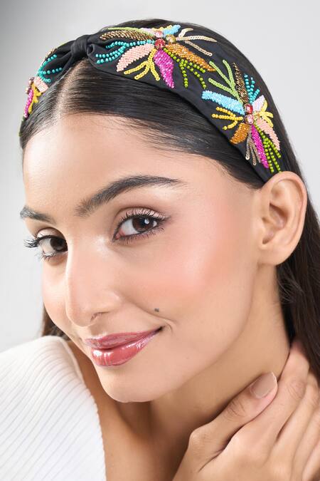 Shop_Samyukta Singhania_Black Beads, Embroidery Colorful Hand Hairband _Online_at_Aza_Fashions