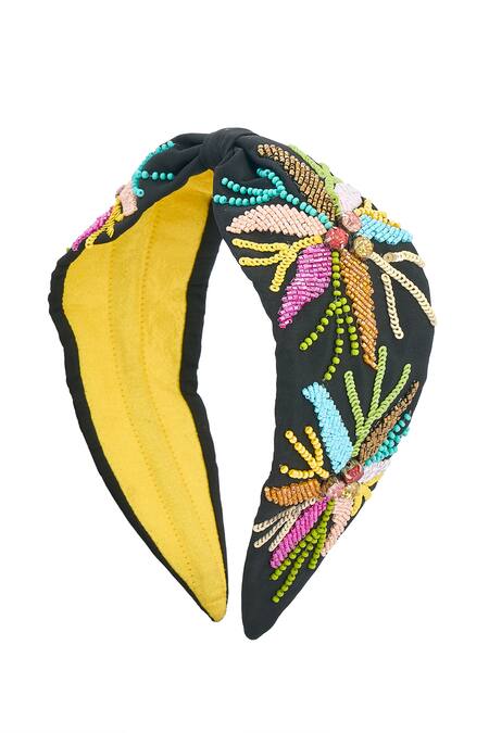 Samyukta Singhania_Black Beads, Embroidery Colorful Hand Hairband _at_Aza_Fashions