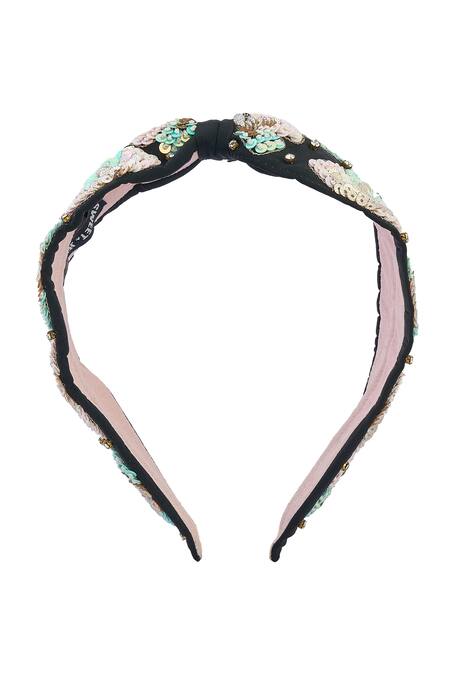 Nazaakat By Samara Singh_Black Sequins, Fabric Flowers Floral Hand Embroidered Hairband _Online_at_Aza_Fashions