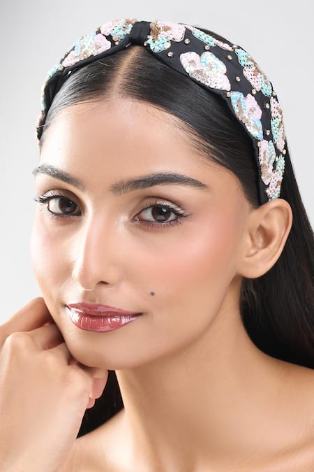 Buy_Nazaakat By Samara Singh_Black Sequins, Fabric Flowers Floral Hand Embroidered Hairband _Online_at_Aza_Fashions