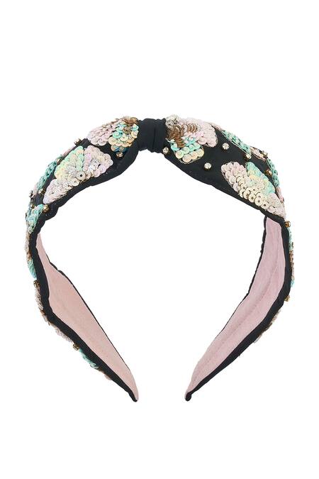 Shop_Nazaakat By Samara Singh_Black Sequins, Fabric Flowers Floral Hand Embroidered Hairband _Online_at_Aza_Fashions