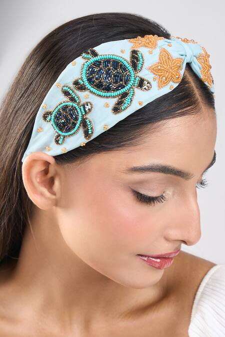 Shop_Nazaakat By Samara Singh_Blue Embroidery Turtle And Starfish Hairband _Online_at_Aza_Fashions