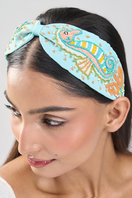 Samyukta Singhania Blue Beads, Embroidery Hand Seahorse Hairband 