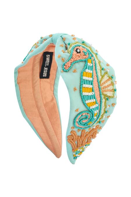 Shop Nazaakat By Samara Singh Blue Beads, Embroidery Hand Seahorse Hairband Online at Aza Fashions Shop_Nazaakat By Samara Singh_Blue Beads, Embroidery Hand Seahorse Hairband _Online_at_Aza_Fashions