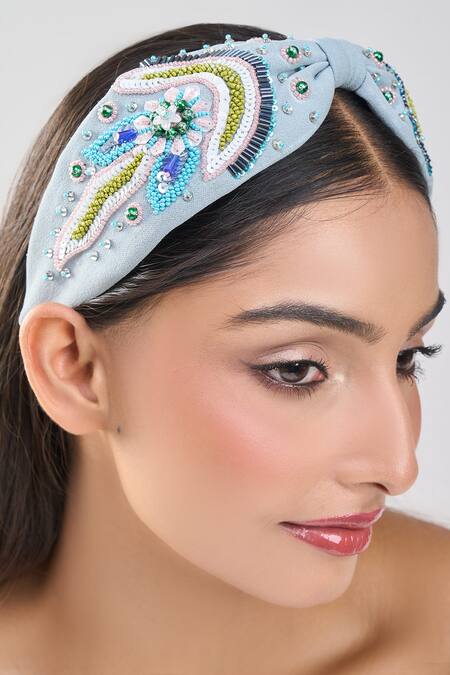Samyukta Singhania_Gray Beads, Embroidery Leaf And Flower Design Hairband _Online_at_Aza_Fashions