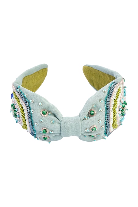Shop_Samyukta Singhania_Gray Beads, Embroidery Leaf And Flower Design Hairband _at_Aza_Fashions