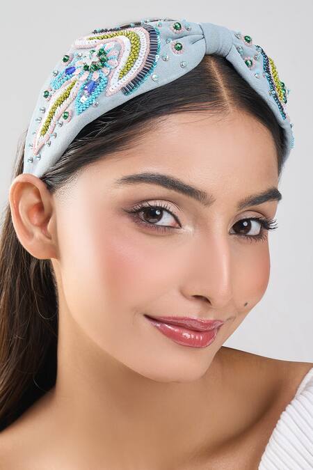 Shop_Samyukta Singhania_Gray Beads, Embroidery Leaf And Flower Design Hairband _Online_at_Aza_Fashions