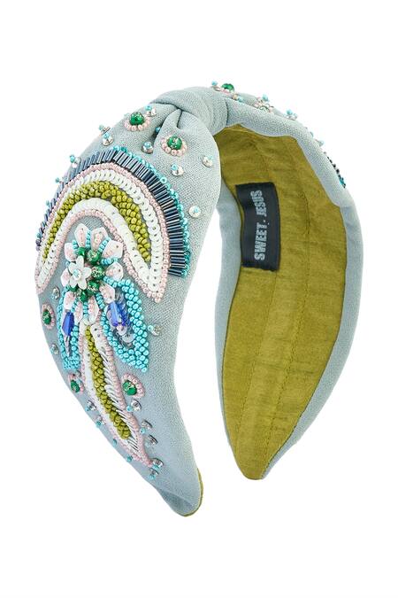 Samyukta Singhania_Gray Beads, Embroidery Leaf And Flower Design Hairband _at_Aza_Fashions
